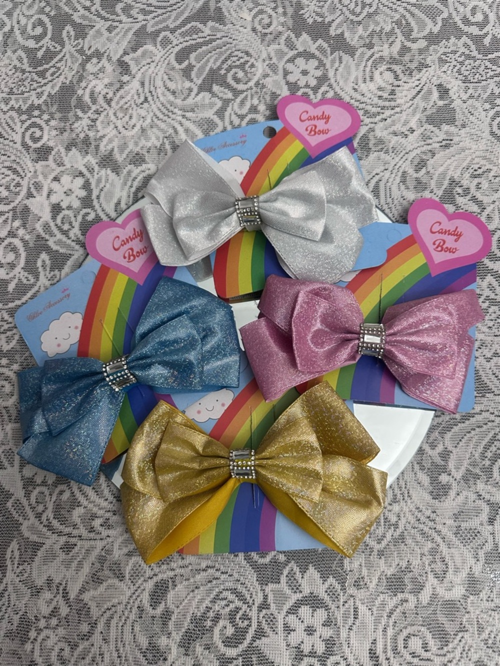 Girls Sparkle Hair Bow Alligator Clips 🎀 4pc Bundle Rhinestone